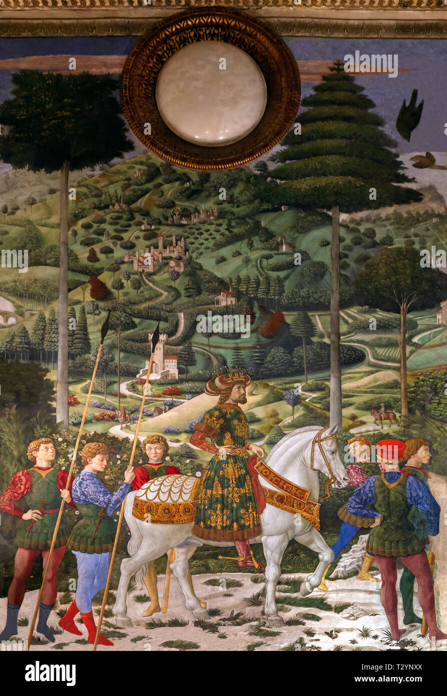 Re Balthazar a cavallo, imperatore bizantino, Giovanni VIII Paleologo, Processione del Medio re il dettaglio del ciclo di affreschi, il Corteo dei Magi Foto Stock