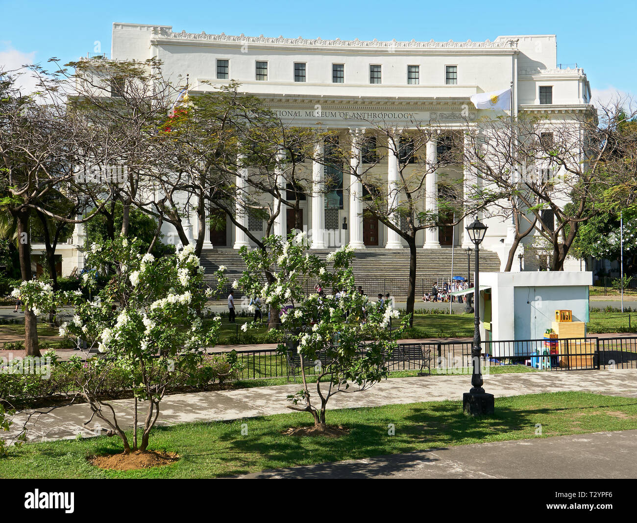 Manila, Filippine: idilliaco paesaggio del Museo Nazionale di Antropologia con alberi in fiore davanti al Rizal Park Foto Stock