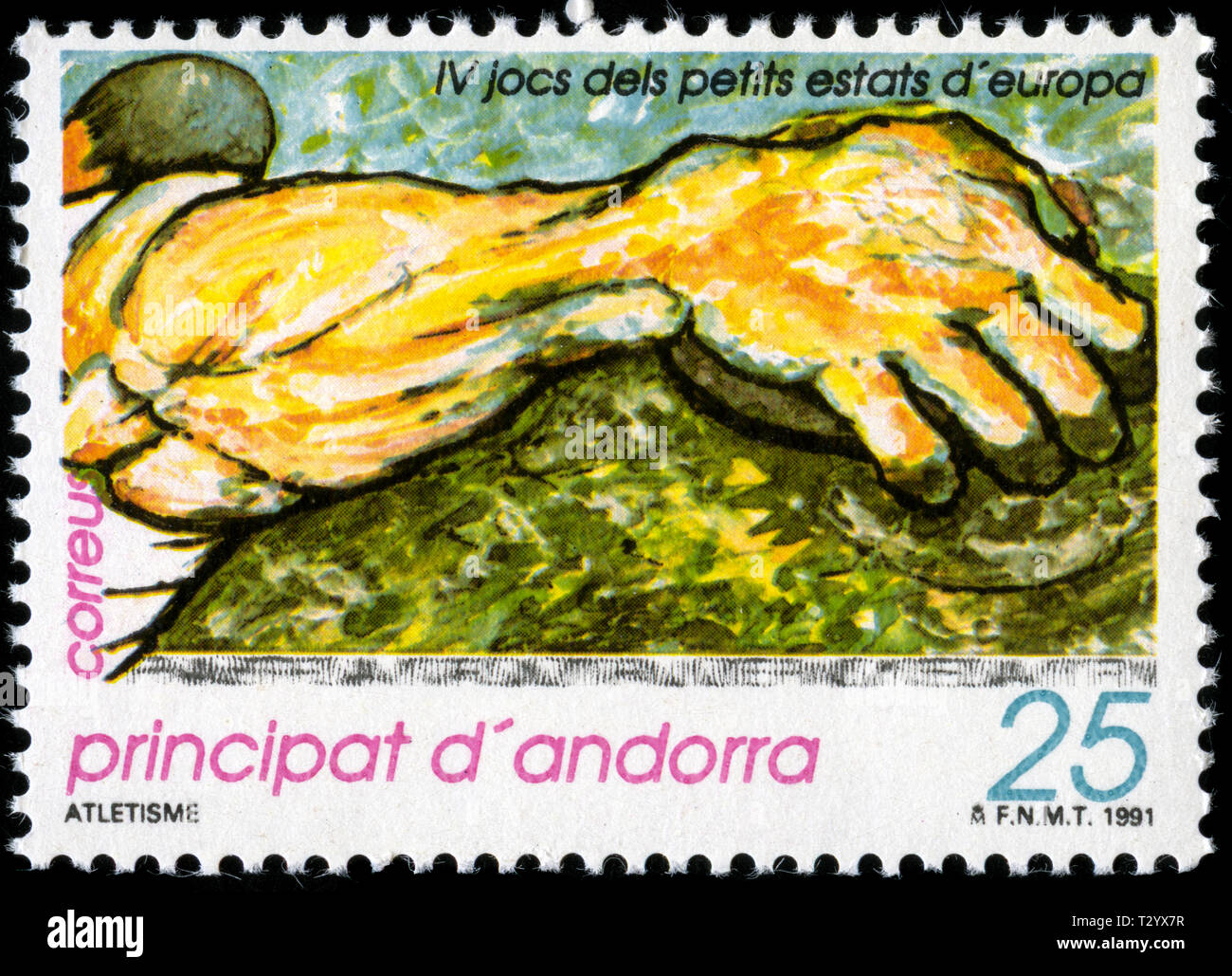 Francobollo dal Principato di Andorra nel Sportgames piccoli paesi serie emessi nel 1991 Foto Stock