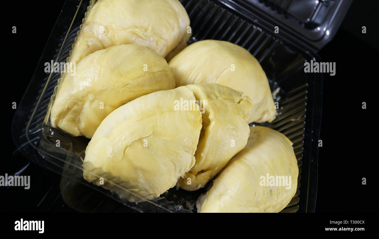 In prossimità di una apertura del contenitore in plastica imballaggi con grande giallo re Durian all'interno isolato in nero Foto Stock