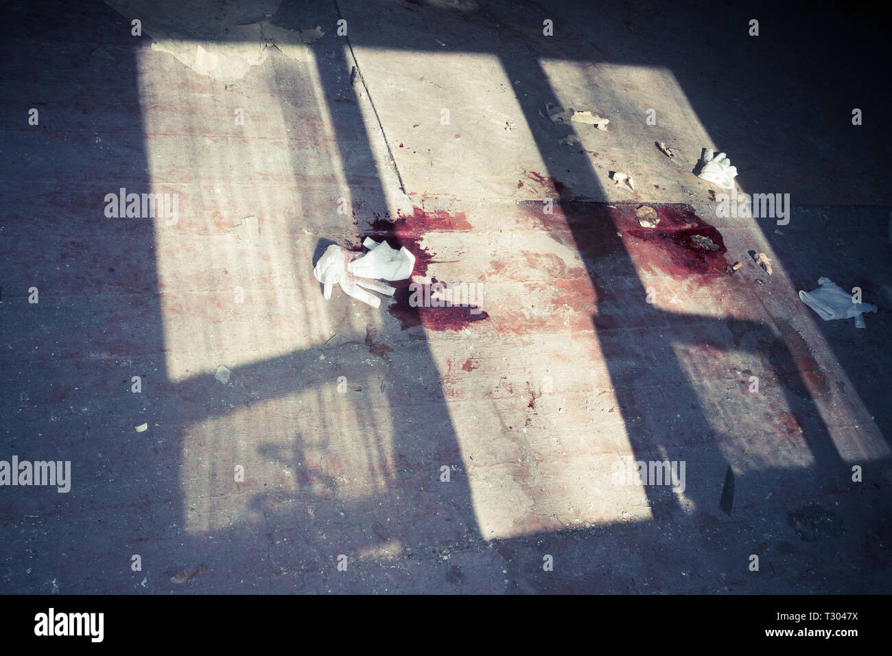 Scena del crimine, Assassinio nella vecchia casa abbandonata, il lavoro dei ricercatori Foto Stock