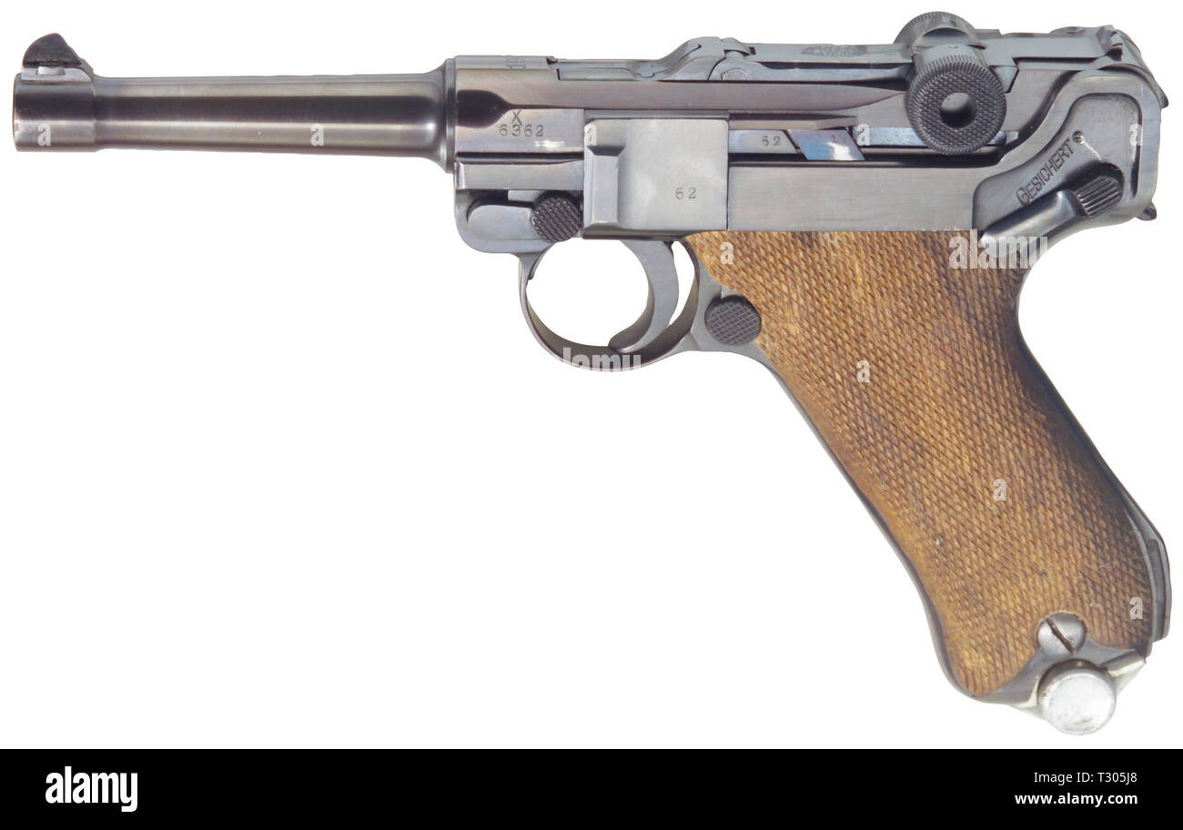 Piccole armi, pistole, Luger pistola 08, Parabellum calibro 9 mm, fabbricato da Deutsche Waffen- und Munitionsfabriken, Additional-Rights-Clearance-Info-Not-Available Foto Stock