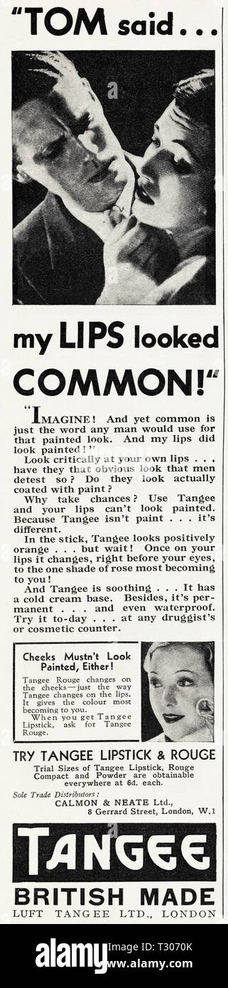 Originale degli anni trenta vintage vecchio annuncio stampa da 30s rivista inglese pubblicità rossetto & rouge di Luft Tangee Ltd di Londra Inghilterra Regno Unito circa 1932 Foto Stock