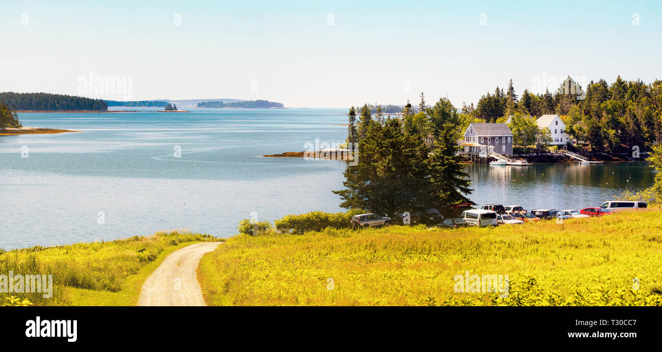 Scenic panorama di Audubon Camp per bird studies su Hog Island si trova sulla parte inferiore si restringe di Muscongus Bay a Brema, Maine, Stati Uniti d'America. Foto Stock