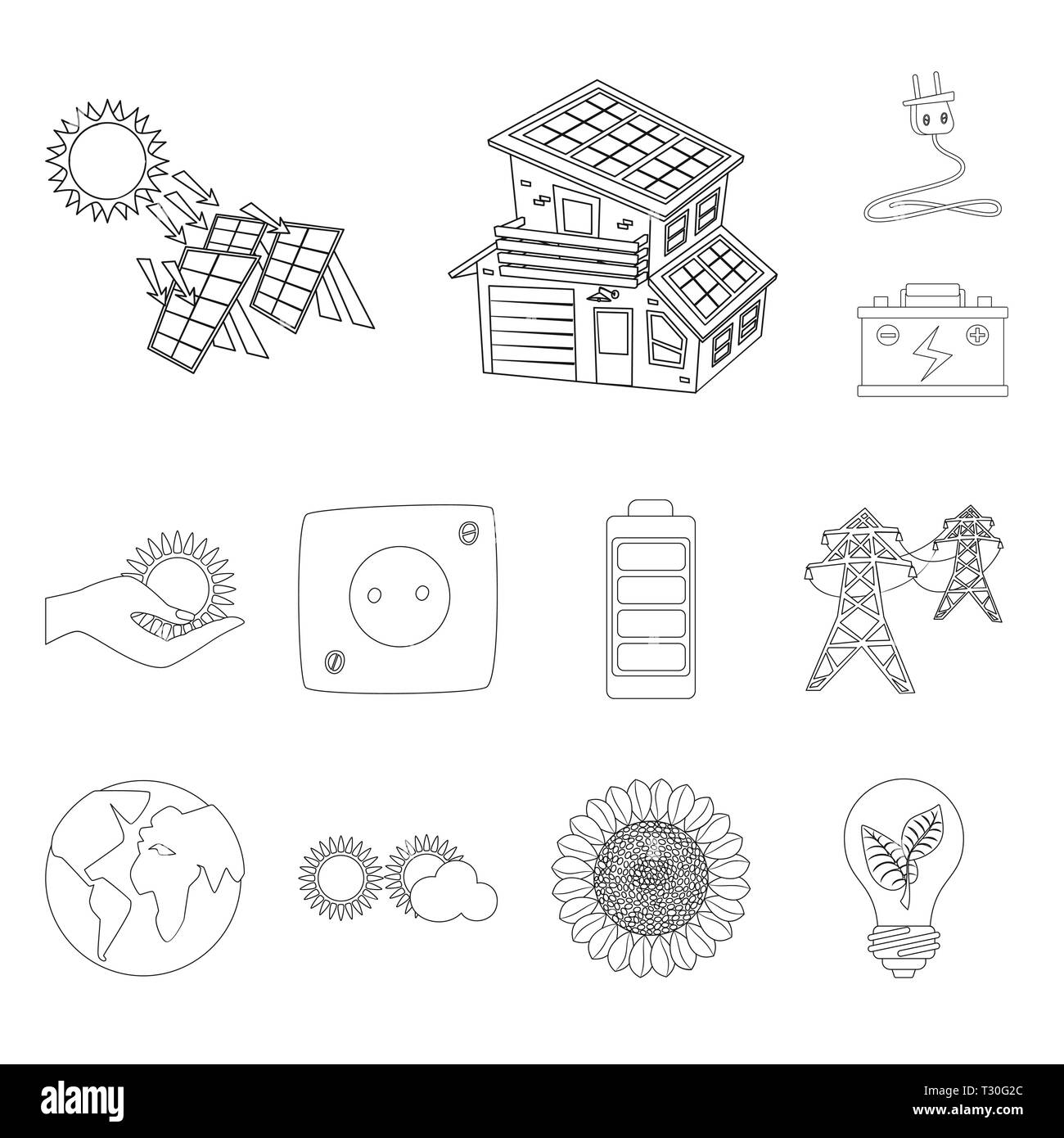 Thermal,costruzione,plug,batteria,luce del sole,socket,globe,cloud,girasole,lampadina,stazione elettrica,,accumulatore,mano,carica,Mondo,sole,eco,Casa,dispositivo,auto,l'estate,wall,livello,alta,pianeta,SKY,riscaldamento,l'innovazione,technology,organic,natura,solare pannello,,l'energia,verde,alimentazione,sun,impostare,vettore,icona,immagine,isolato,raccolta,design,l'elemento,graphic,segno,contorno,linea vettori vettore , Illustrazione Vettoriale