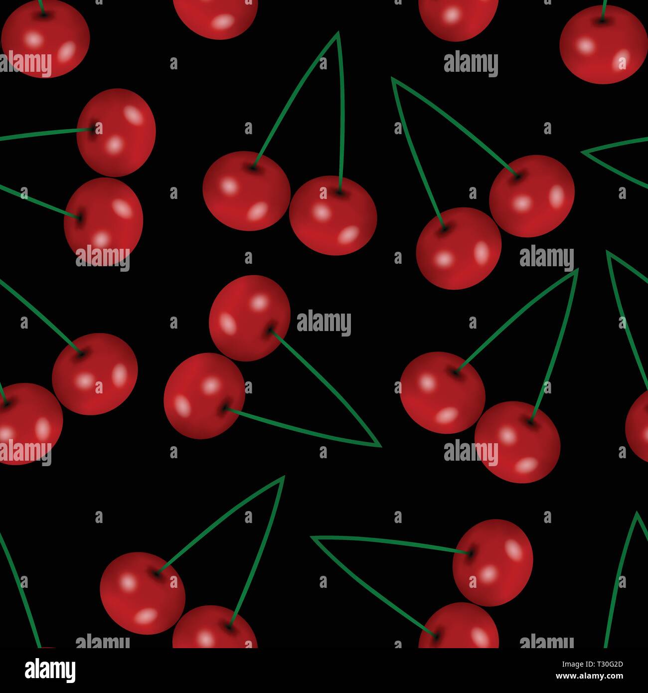 Ciliegio realistico seamless pattern nero su sfondo isolato. Fruttato concetto di texture per il web design, coperchi dei panneggi, materiali per abbigliamento, tovaglie Illustrazione Vettoriale