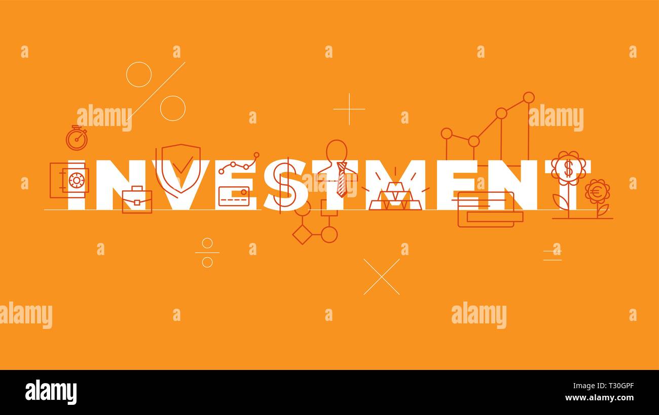 Gli investimenti di concetti di parola banner. Banking. Business. I servizi finanziari. Industria finanziaria. Isolato caratteri tipografici idea con icone lineare. Vettore Illustrazione Vettoriale