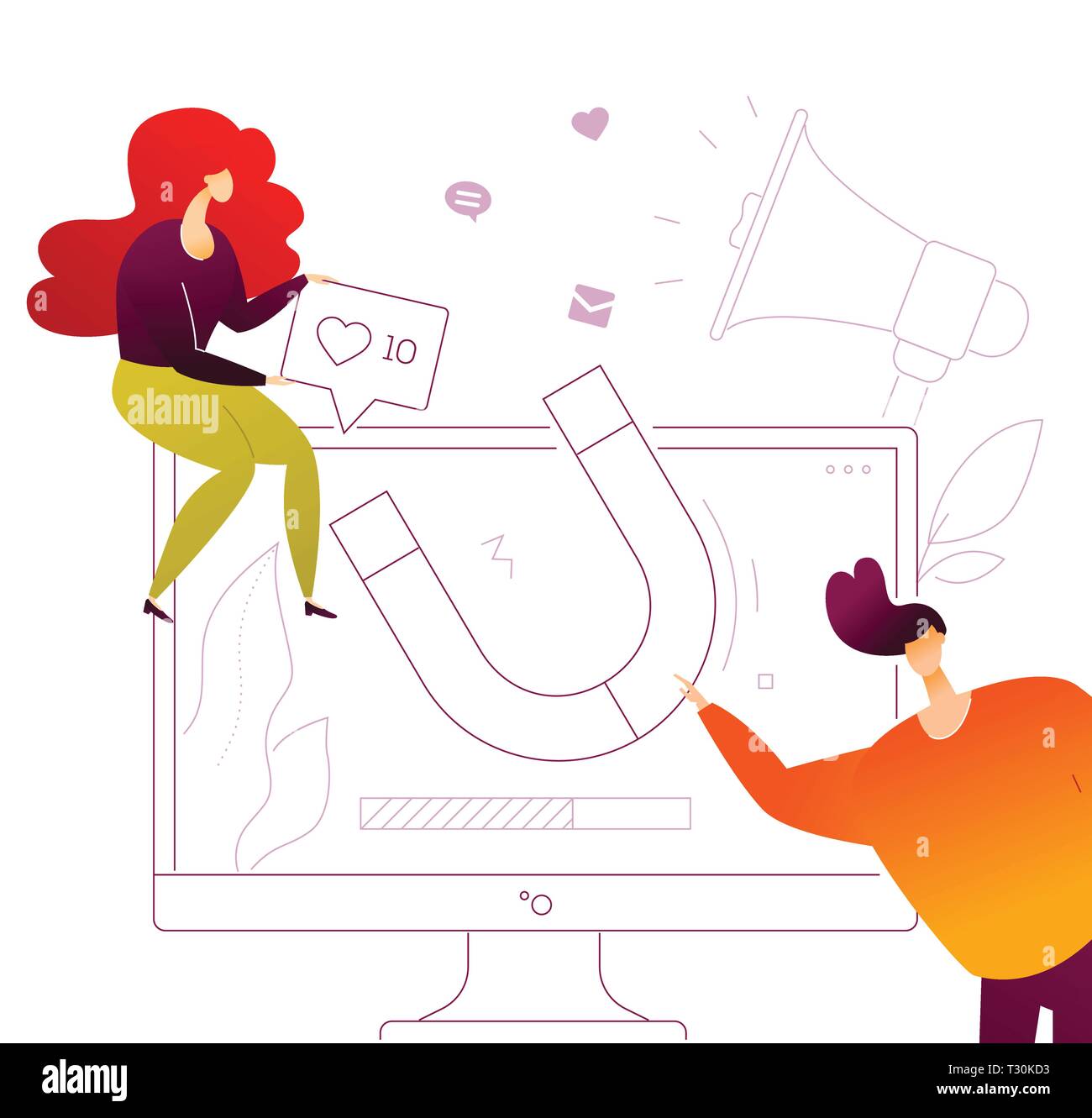 Il social media marketing - appartamento moderno stile design illustrazione colorata su sfondo bianco. Una composizione con cute maschio e femmina specialisti smm un Illustrazione Vettoriale