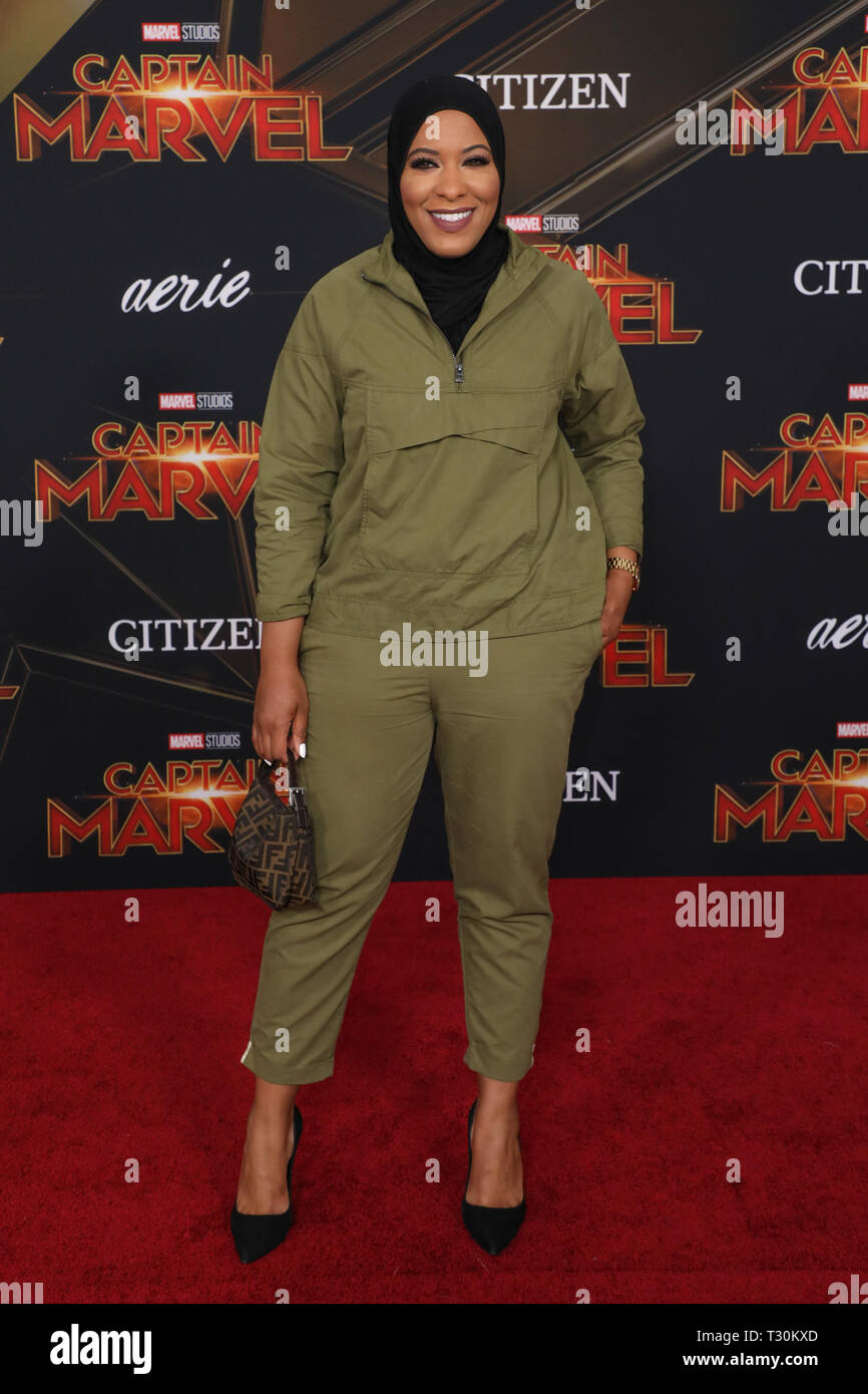 Premiere mondiale di Marvel Studios' 'Captain Marvel' al El Capitan Theatre di Los Angeles, California. Dotato di: Ibtihaj Muhammad dove: Los Angeles, California, Stati Uniti quando: 04 Mar 2019 Credit: Sheri Determan/WENN.com Foto Stock