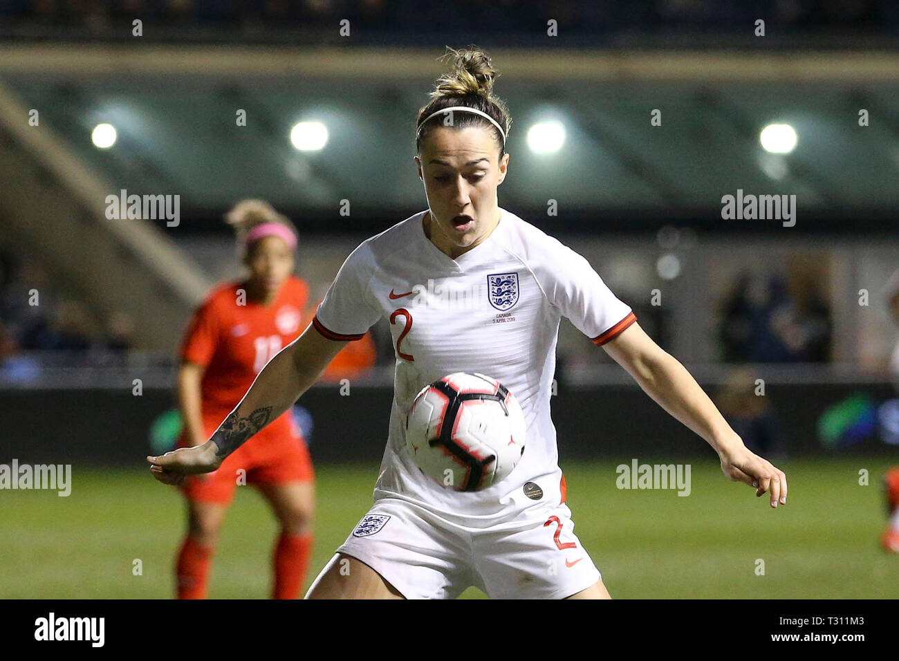 Manchester, Regno Unito. 05 apr, 2019. Lucy bronzo di Inghilterra in azione. Inghilterra donne v Canada Donne, l'amichevole internazionale partita di calcio al Manchester City academy Stadium di Manchester, Lancs venerdì 5 aprile 2019. Solo uso editoriale. pic da Chris Stading/ Credito: Andrew Orchard fotografia sportiva/Alamy Live News Foto Stock