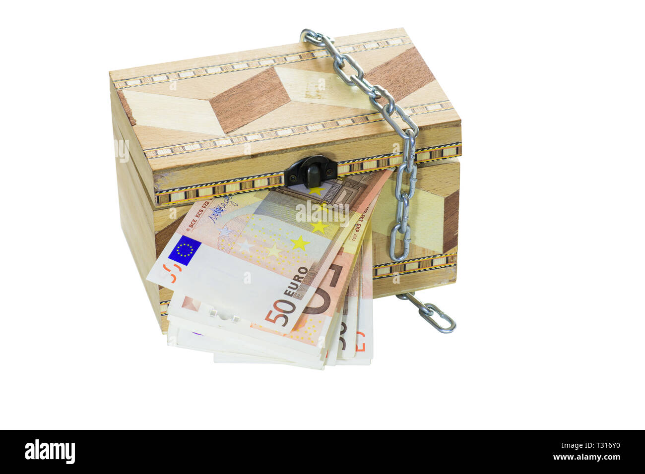 Scatola con banconote e catena Foto Stock