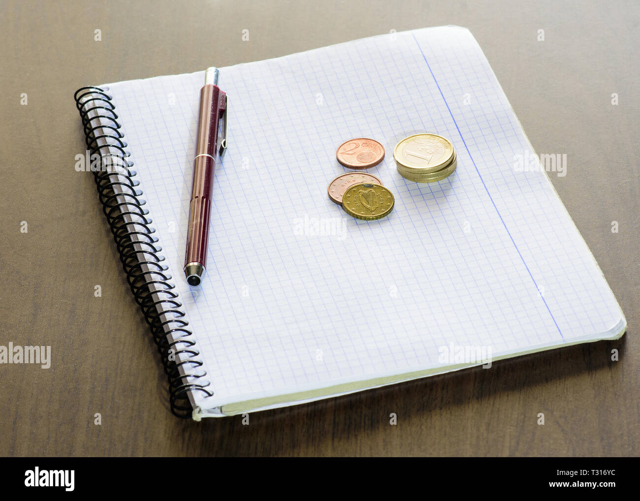 Blocco note con le monete Foto Stock