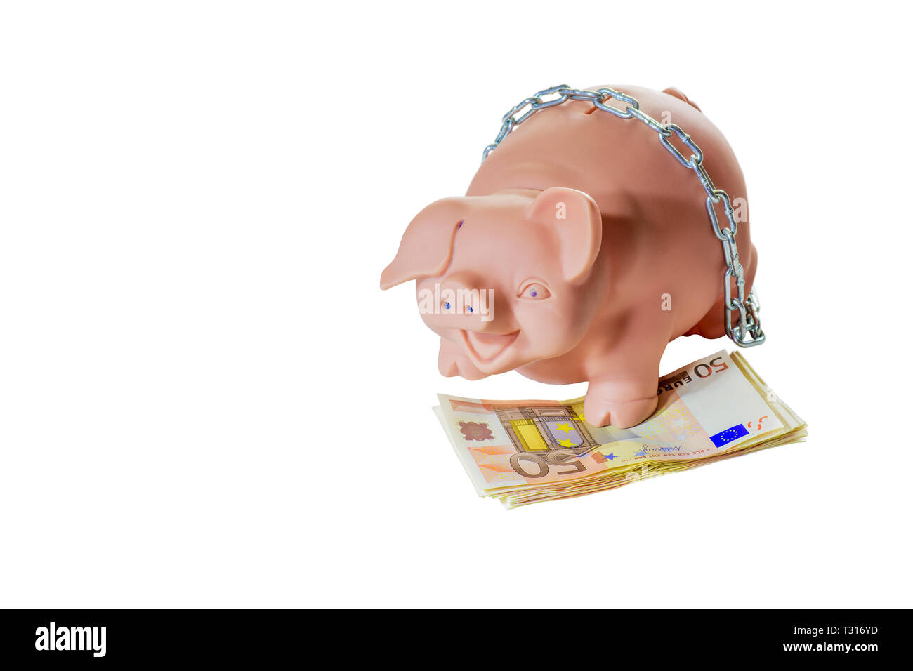 Salvadanaio con banconote e catena Foto Stock