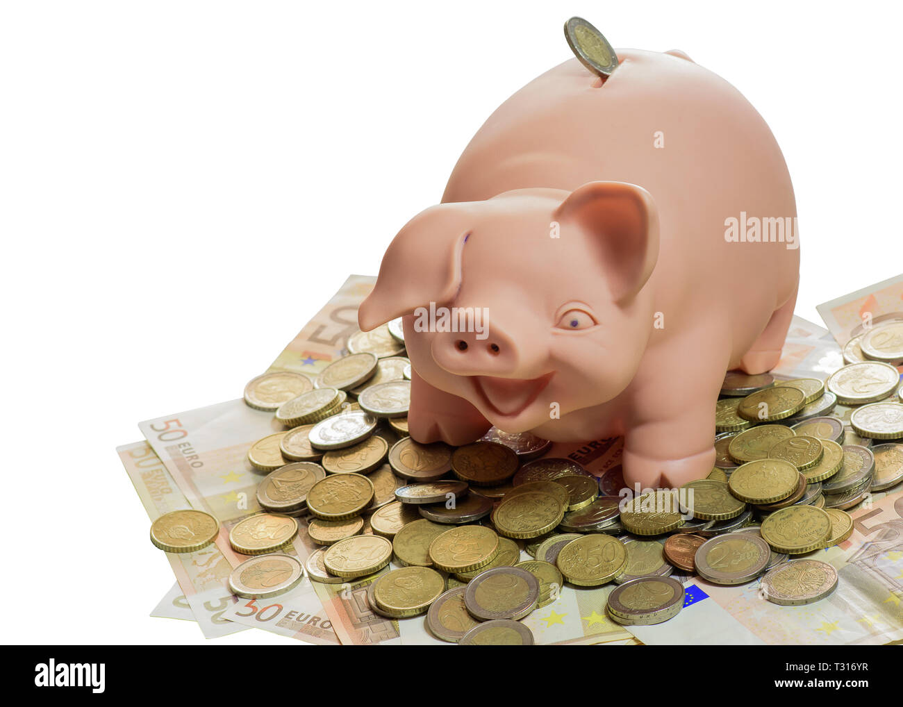 Salvadanaio con le banconote e le monete in euro Foto Stock