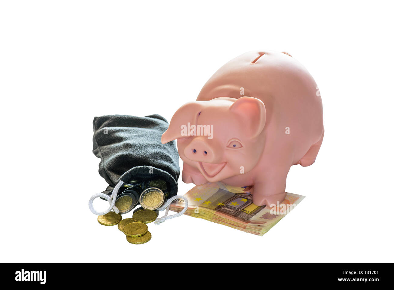 Salvadanaio con le banconote e le monete in euro Foto Stock