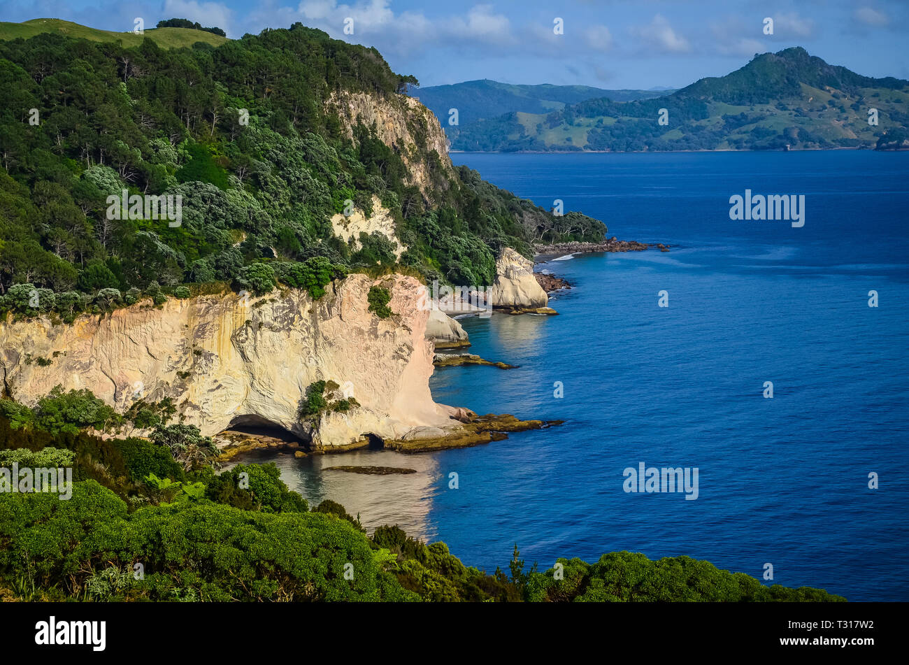 Sunrise a Cove della cattedrale costa con cielo blu sopra. Foto Stock