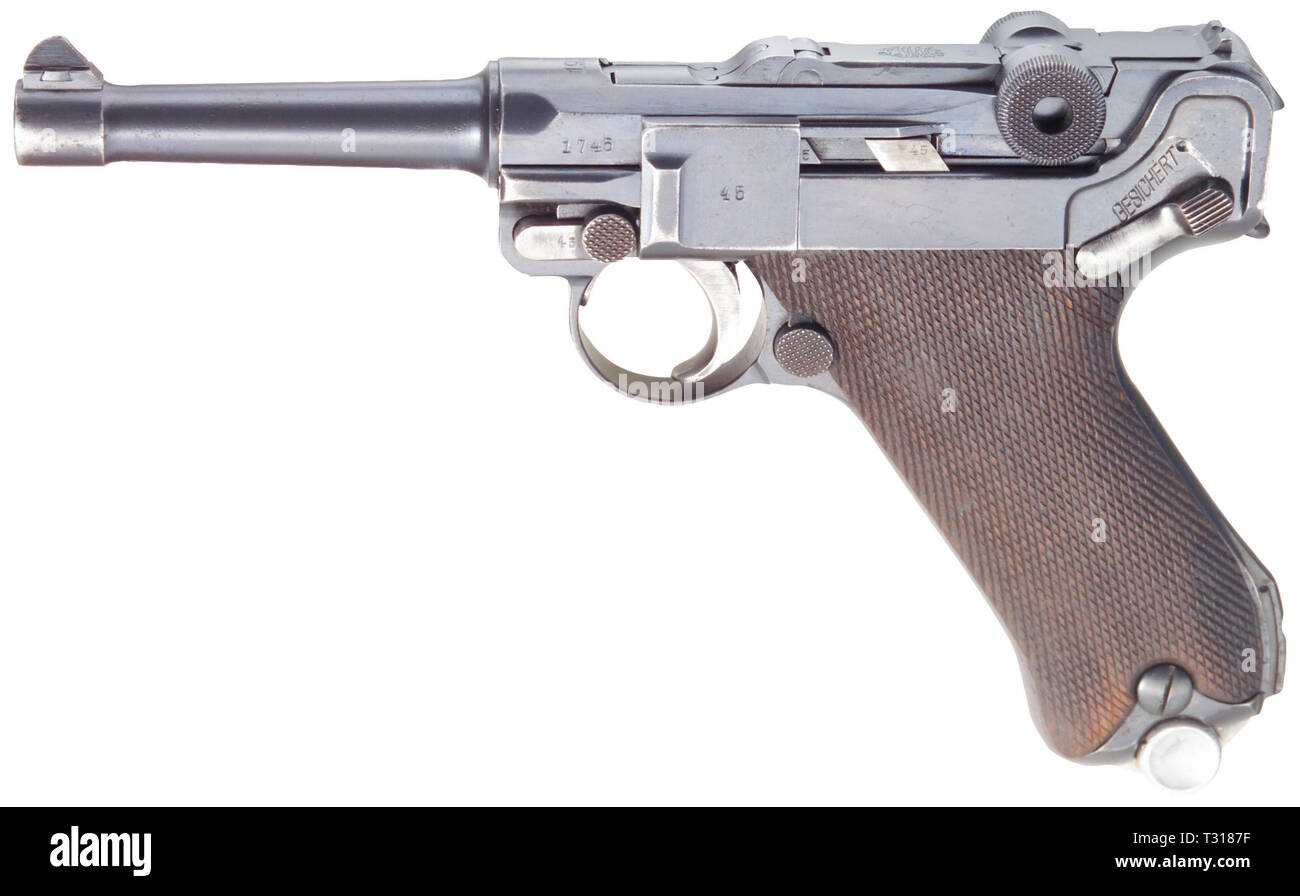 Piccole armi, pistole, Luger pistola 08, Parabellum calibro 9 mm, fabbricato da Deutsche Waffen- und Munitionsfabriken, Additional-Rights-Clearance-Info-Not-Available Foto Stock