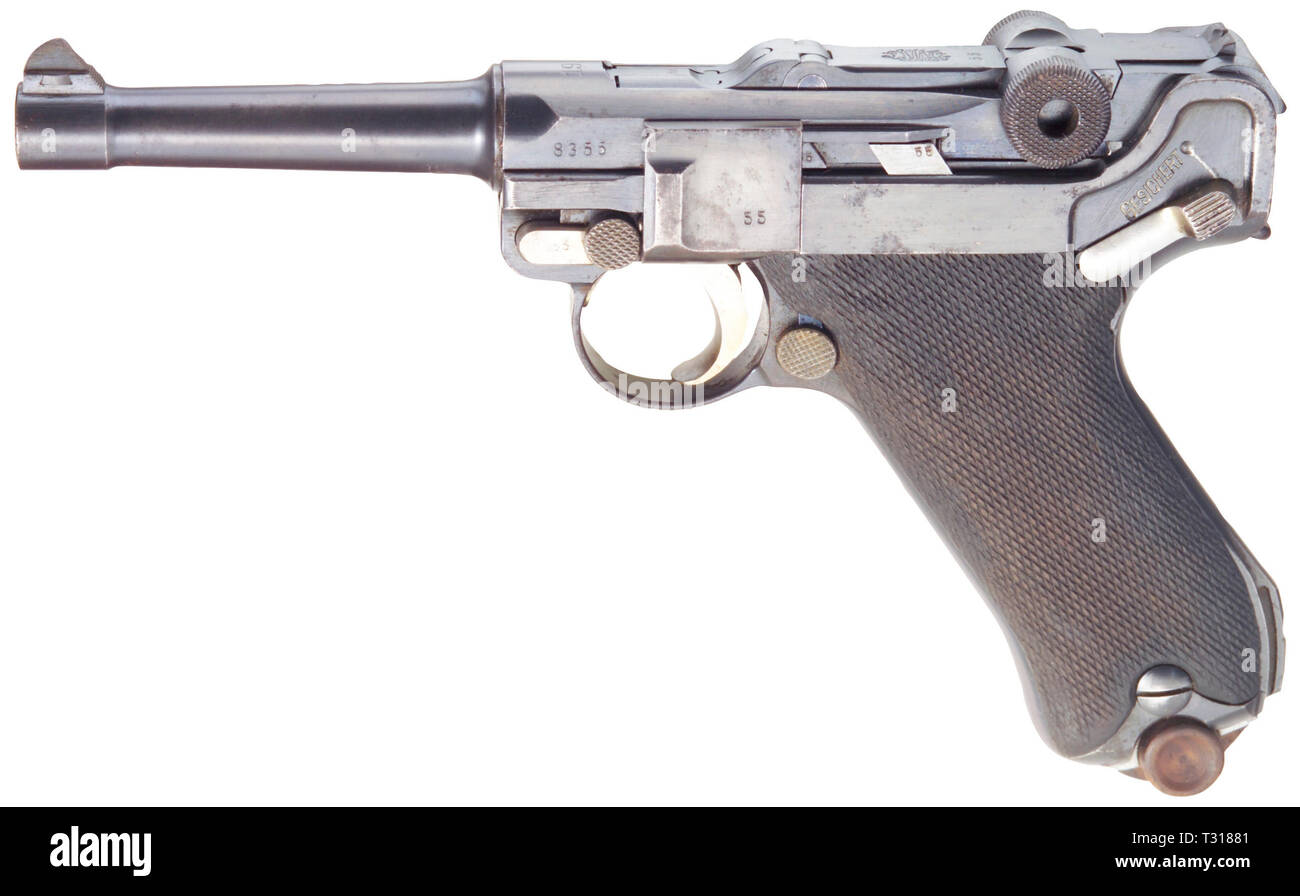 Piccole armi, pistole, Luger pistola 08, Parabellum calibro 9 mm, fabbricato da Deutsche Waffen- und Munitionsfabriken, Additional-Rights-Clearance-Info-Not-Available Foto Stock