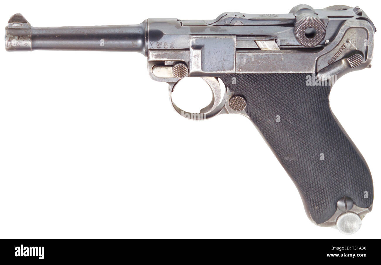 Piccole armi, pistole, Luger pistola 08, Parabellum calibro 9 mm, fabbricato da Deutsche Waffen- und Munitionsfabriken, Additional-Rights-Clearance-Info-Not-Available Foto Stock