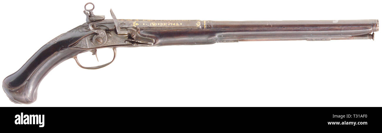 Piccole armi, pistole, flintlock pistola calibro 14 mm, Juan Santos, Madrid, Spagna, 1742, Additional-Rights-Clearance-Info-Not-Available Foto Stock