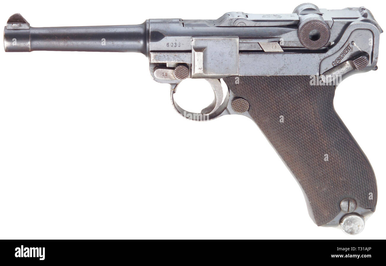 Piccole armi, pistole, Luger pistola 08, Parabellum calibro 9 mm, fabbricato da Deutsche Waffen- und Munitionsfabriken, Additional-Rights-Clearance-Info-Not-Available Foto Stock