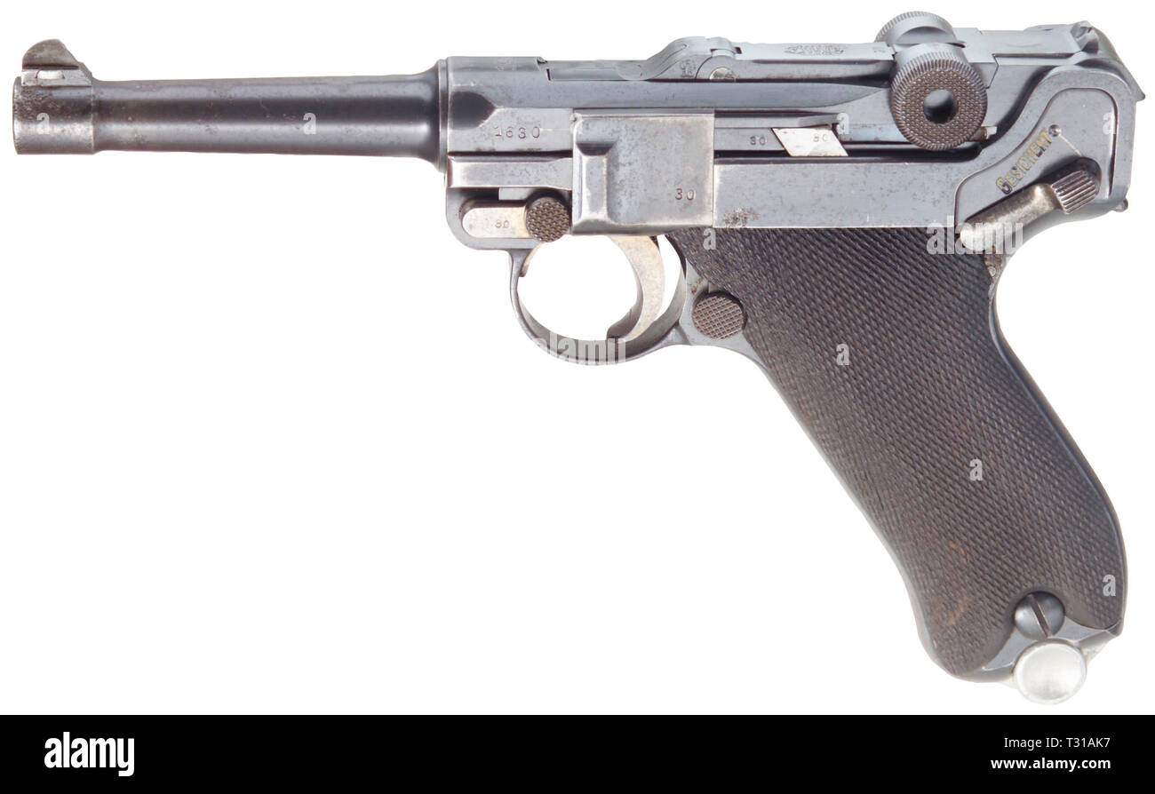 Piccole armi, pistole, Luger pistola 08, Parabellum calibro 9 mm, fabbricato da Deutsche Waffen- und Munitionsfabriken, Additional-Rights-Clearance-Info-Not-Available Foto Stock