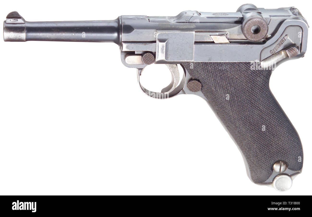Piccole armi, pistole, Luger pistola 08, Parabellum calibro 9 mm, fabbricato da Deutsche Waffen- und Munitionsfabriken, Additional-Rights-Clearance-Info-Not-Available Foto Stock