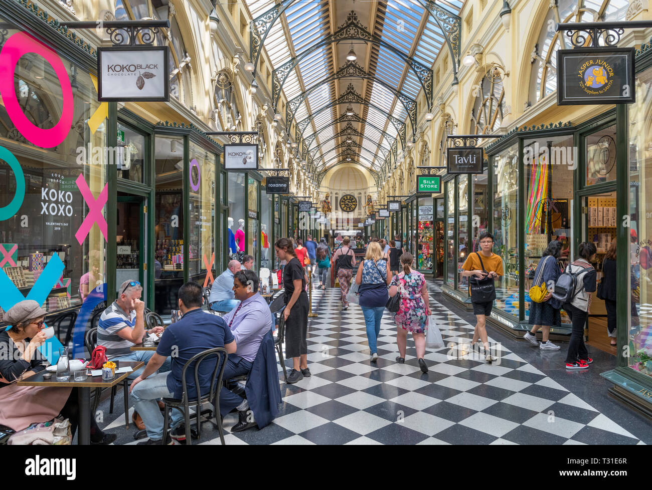 Il Royal Arcade, un epoca vittoriana shopping centre nel quartiere centrale degli affari (CBD), Melbourne, Victoria, Australia Foto Stock