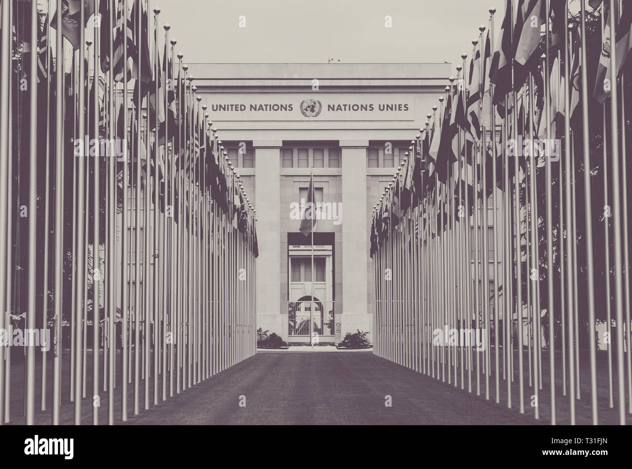Ginevra, Svizzera - Luglio 1, 2017: bandiere nazionali all'ingresso nella sede delle Nazioni Unite a Ginevra, Svizzera. L Organizzazione delle Nazioni Unite è stata fondata a Ginevra ho Foto Stock