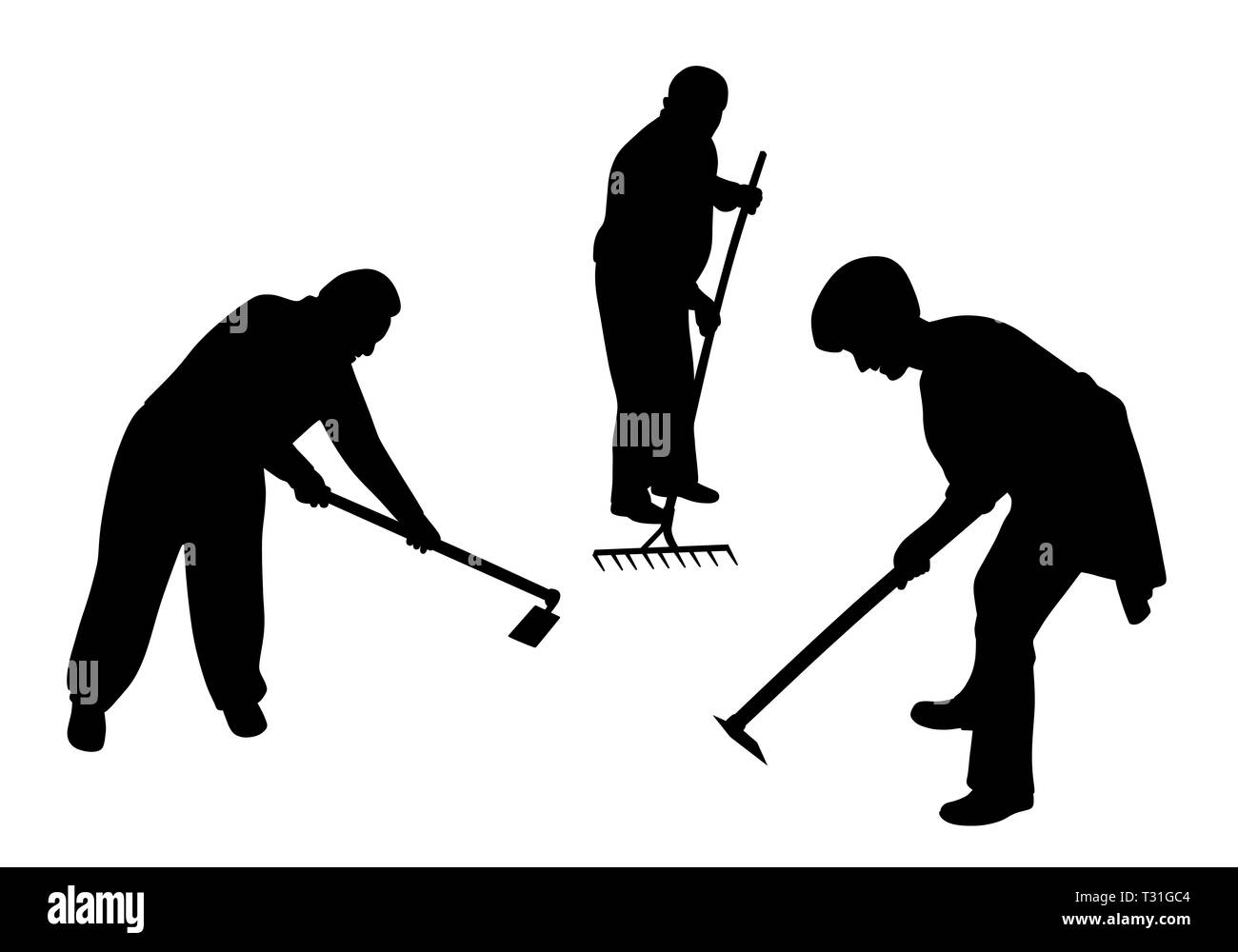 Agricoltori che lavorano nel campo con la zappa e il rastrello Foto Stock