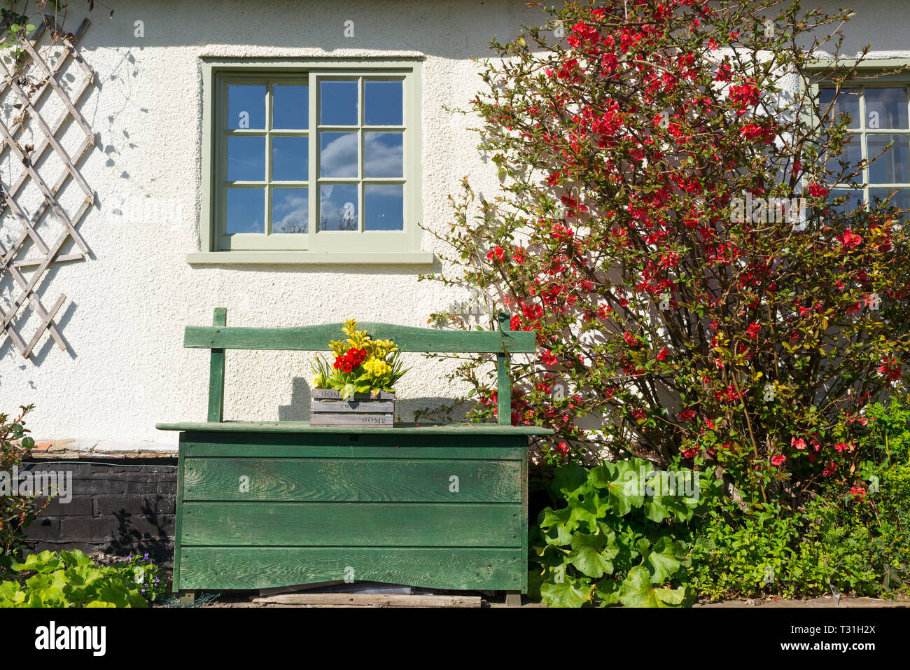 Vintage in legno verde panchina da giardino con piccolo vaso di fiori al di sotto di una finestra di Britannica tradizionale cottage country house. Piccola struttura decorativa con rosso Foto Stock