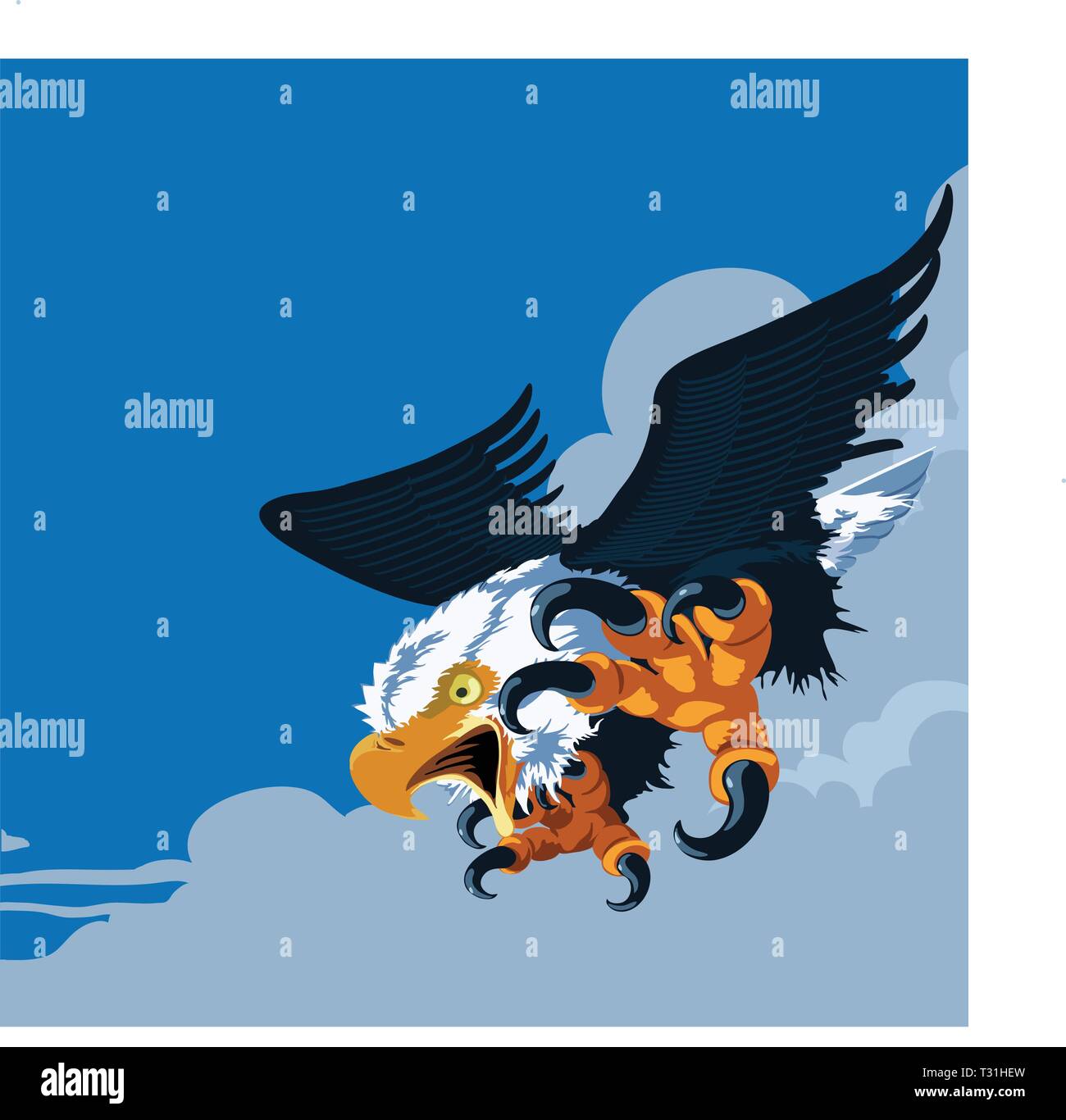 Eagle Diving verso il basso sulla sua preda becco ampia nella forma di un urlo. Big round nuvole e cielo blu. Illustrazione Vettoriale