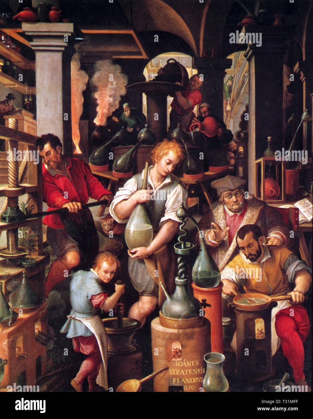 Italia Firenze Palazzo Vecchio - questo dipinto dal pittore fiammingo Giovanni Stradano, italianizzato nome da Jan van der Straet (Bruges, 1523 - Firenze 1605), illustra l'alchimista laboratory 1580 Foto Stock