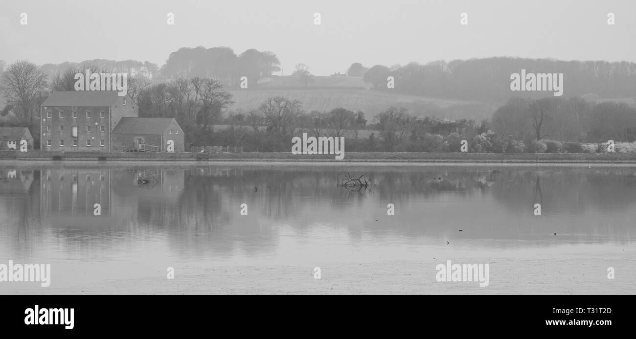 Mill riflettendo in acqua a Carew Castle, Pembrokeshire, Galles Foto Stock