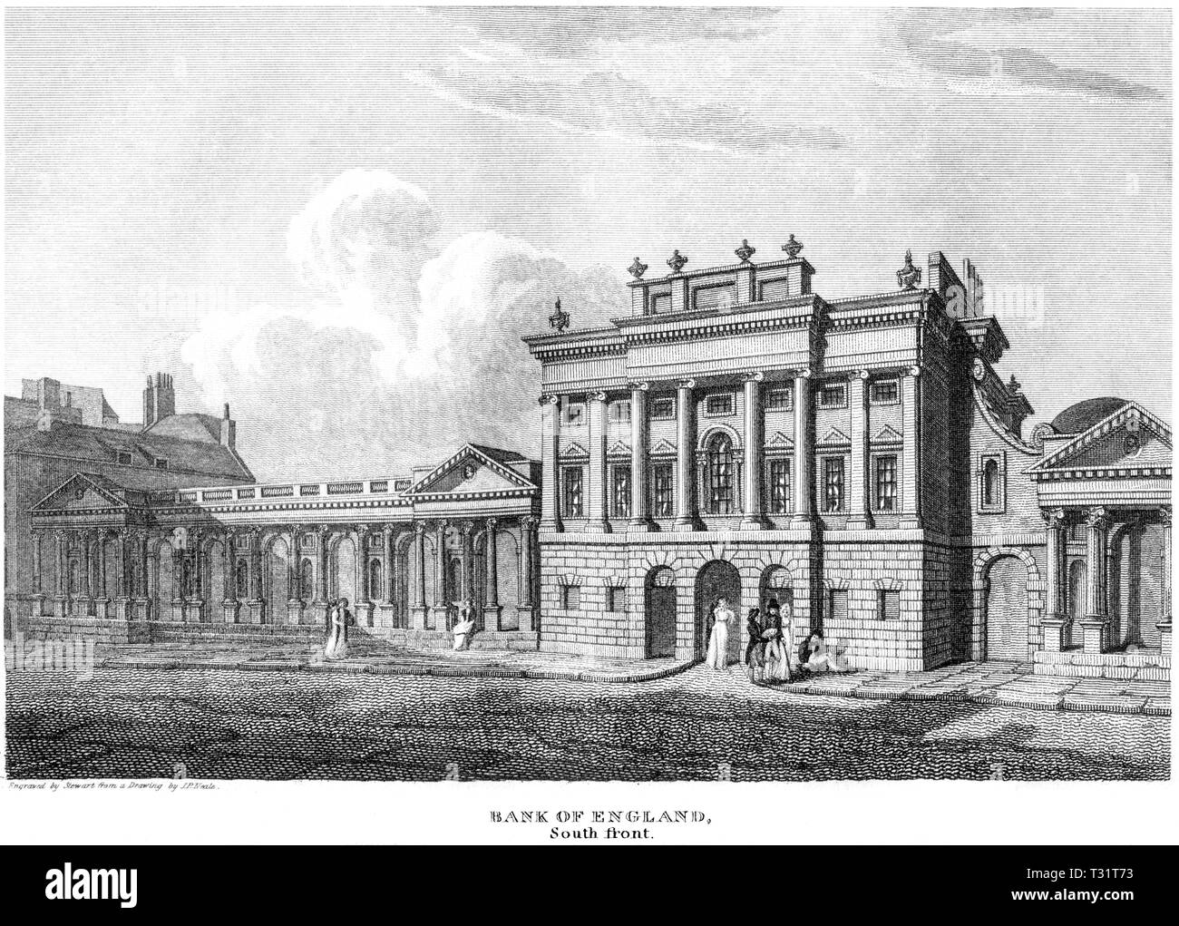 Una incisione della banca di Inghilterra sud anteriore, Londra UK scansionati ad alta risoluzione da un libro pubblicato nel 1814. Ritiene copyright free. Foto Stock