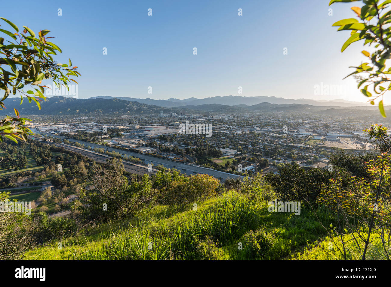 Downtown Glendale e le montagne di San Gabriel visto da Griffith Park hilltop in Los Angeles, California. Foto Stock