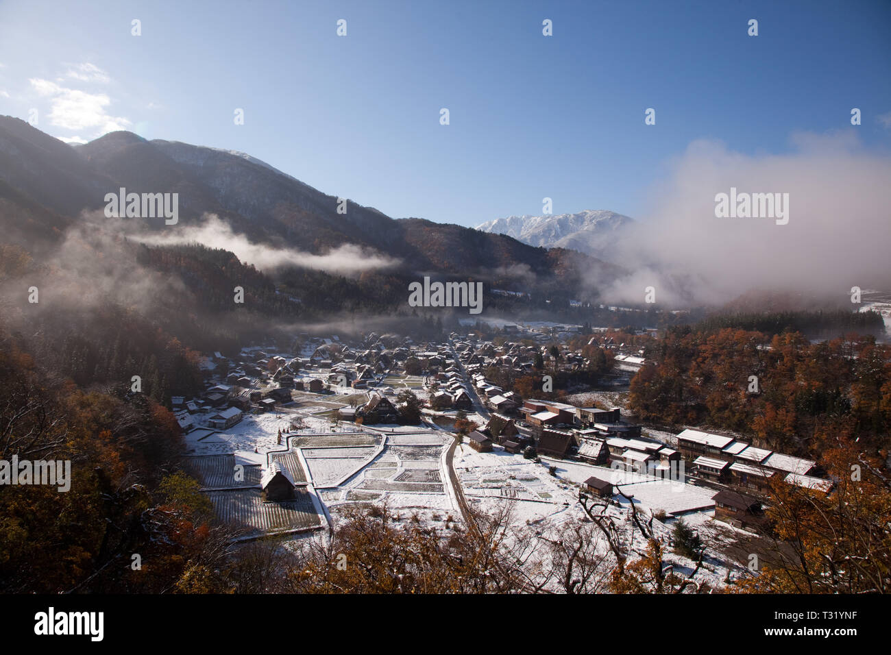 La prima neve dell'anno al sole del mattino di Ogimachi Village Foto Stock