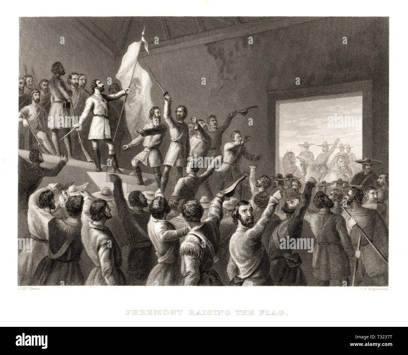 Storia americana scena: l'Orso bandiera rivolta, John Fremont sollevando la bandiera per indipendenza contro lo spagnolo California Regola, Valle di Sacramento Foto Stock