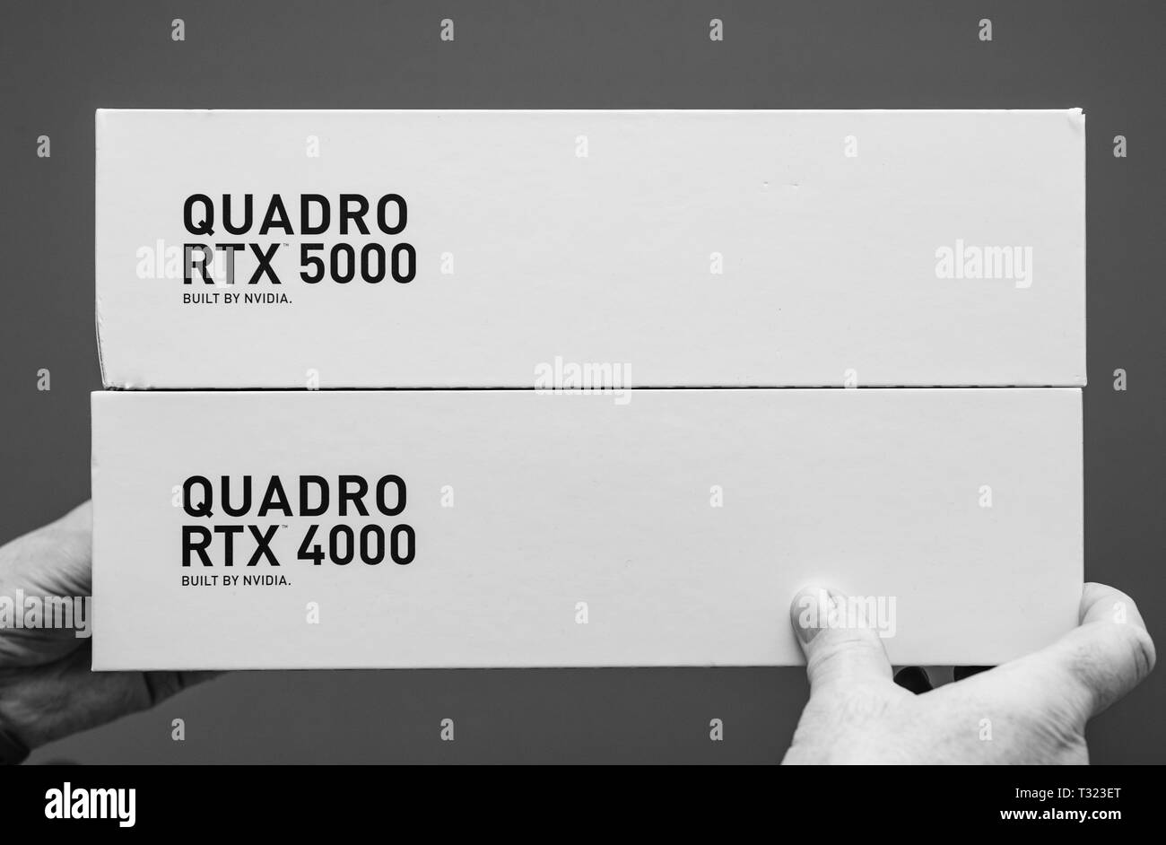 Parigi Francia - Mar 28 2019: Senior uomo mostra ultima Nvidia Quadro 4000 RTX 5000 GPU per workstation con texture mapping unità output di rendering unità multiprocessori streaming anime del tensore di sfondo grigio Foto Stock