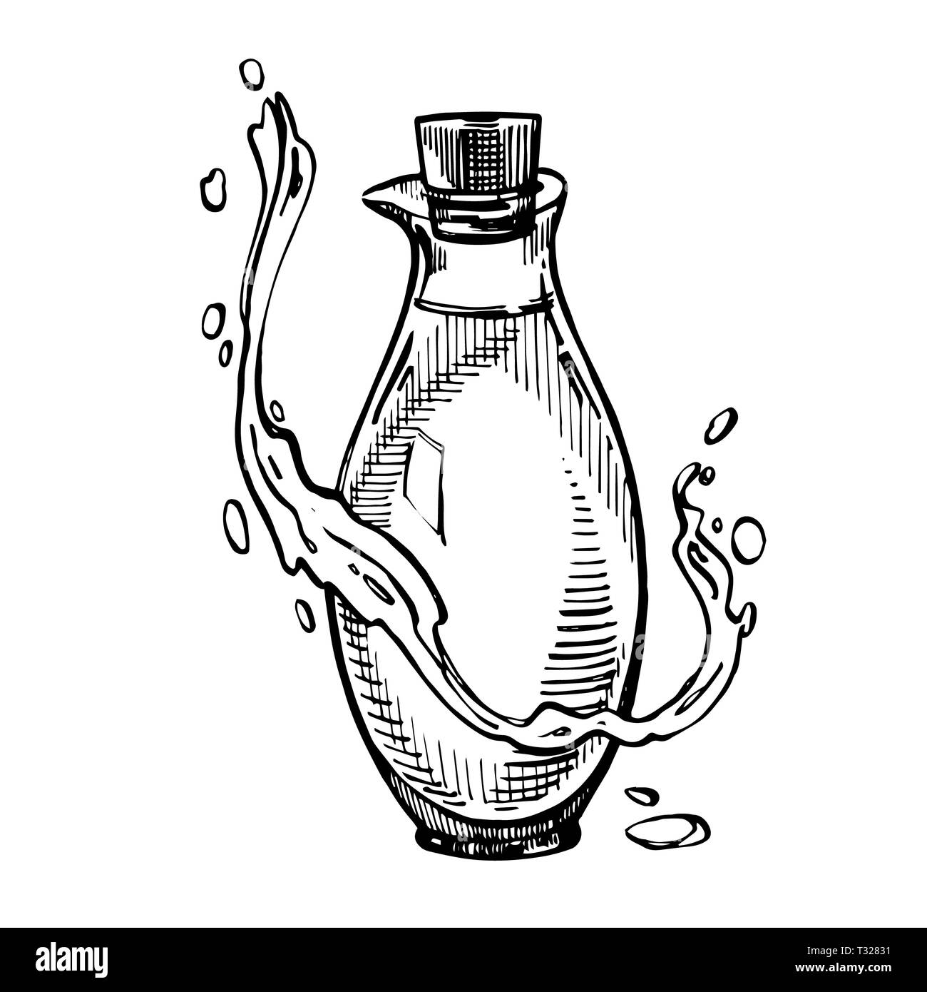 Un ramo di olive mature è succosa versata con olio. Mercato degli Agricoltori menu design. Alimenti biologici poster. Mano Vintage bozzetto illustrazione. Grap lineare Foto Stock