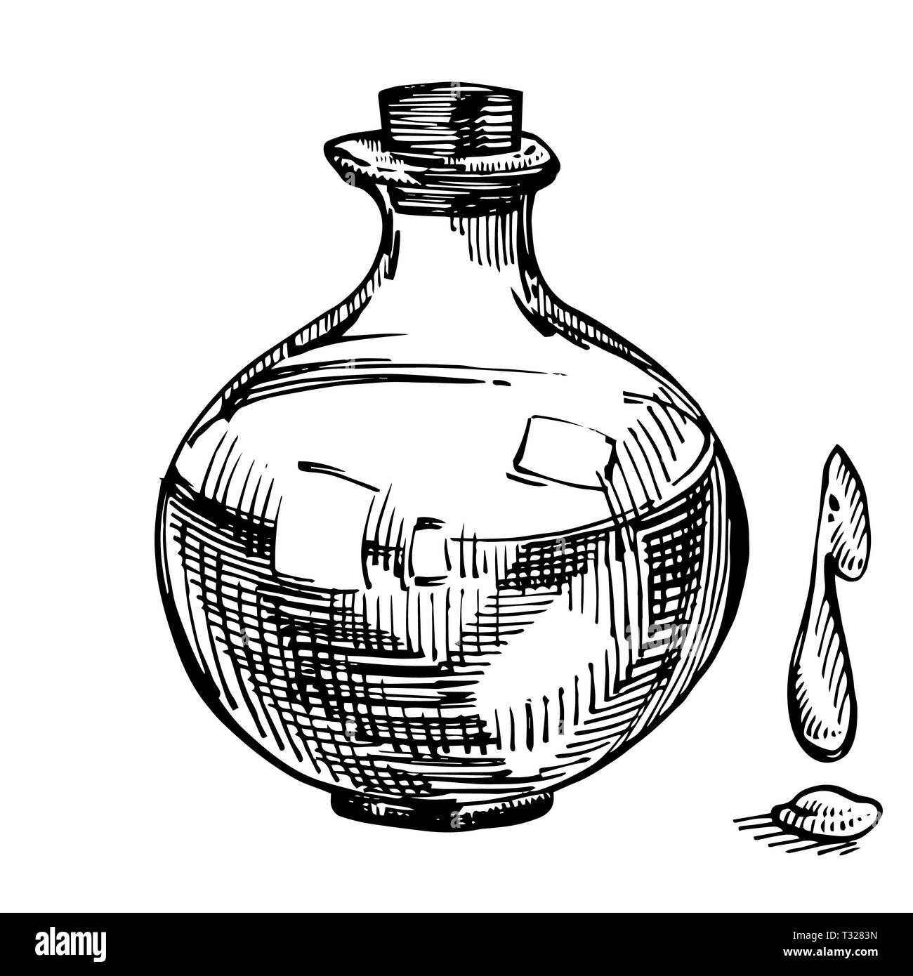 Un ramo di olive mature è succosa versata con olio. Mercato degli Agricoltori menu design. Alimenti biologici poster. Mano Vintage bozzetto illustrazione. Grap lineare Foto Stock