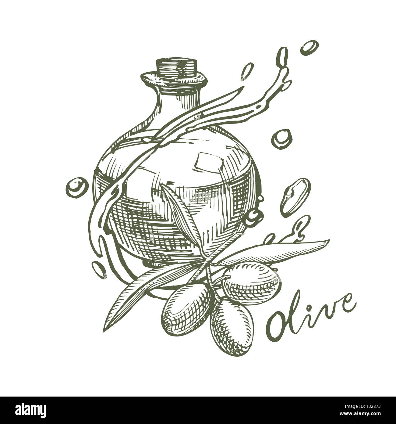 Un ramo di olive mature è succosa versata con olio. Mercato degli Agricoltori menu design. Alimenti biologici poster. Mano Vintage bozzetto illustrazione. Grap lineare Foto Stock