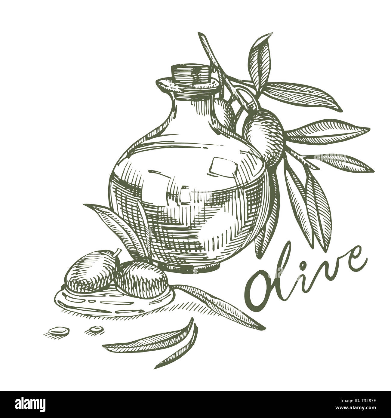 Un ramo di olive mature è succosa versata con olio. Mercato degli Agricoltori menu design. Alimenti biologici poster. Mano Vintage bozzetto illustrazione. Grap lineare Foto Stock