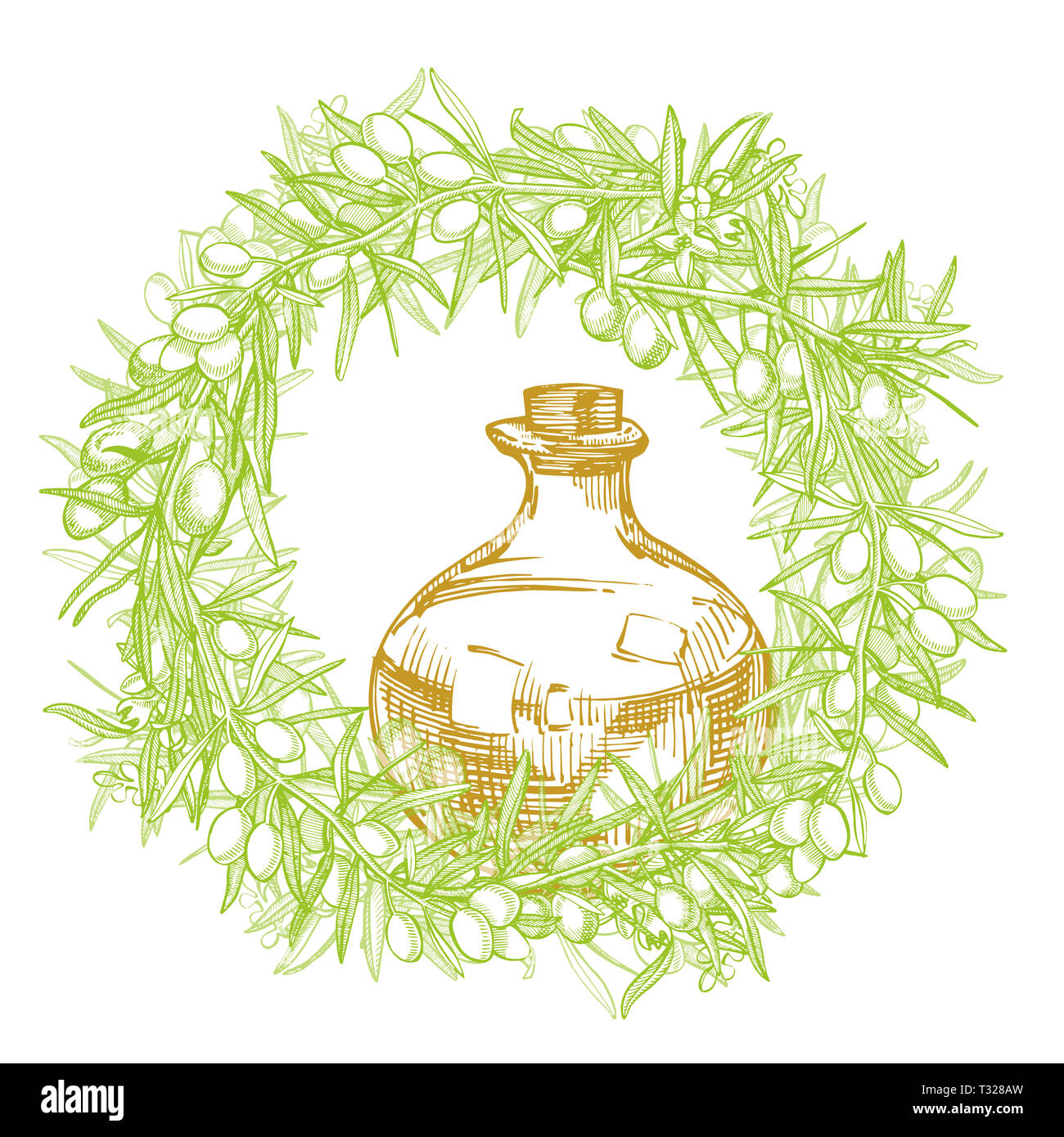 Un ramo di olive mature è succosa versata con olio. Mercato degli Agricoltori menu design. Alimenti biologici poster. Mano Vintage bozzetto illustrazione. Grap lineare Foto Stock