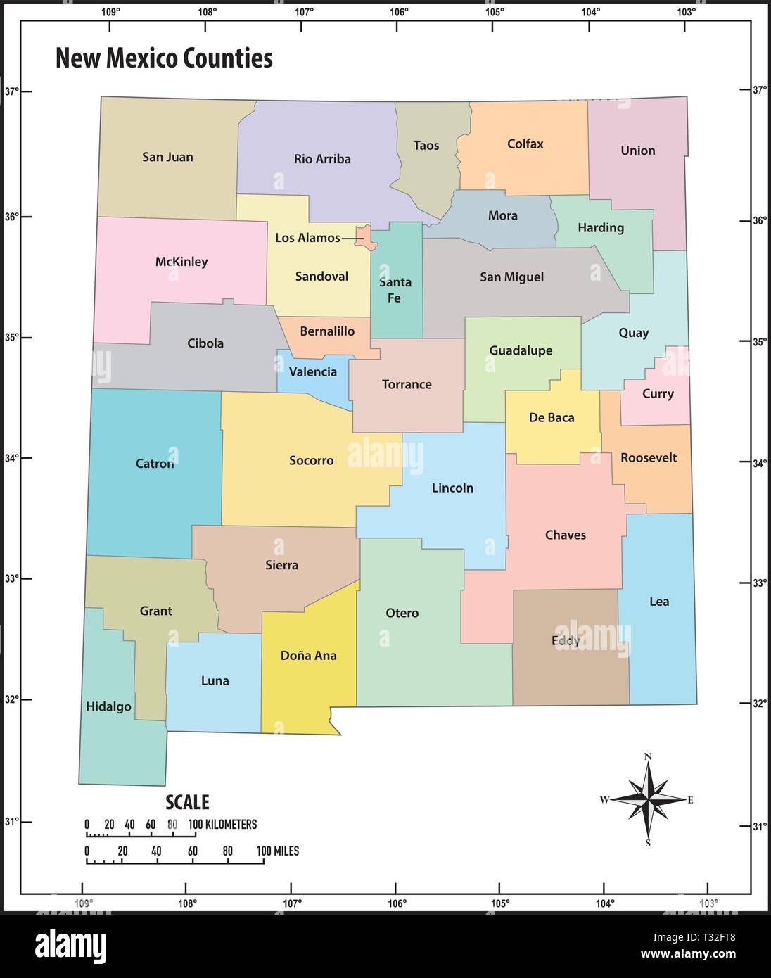 Stato del New Mexico delineare politiche ed amministrative mappa vettoriale a colori Illustrazione Vettoriale