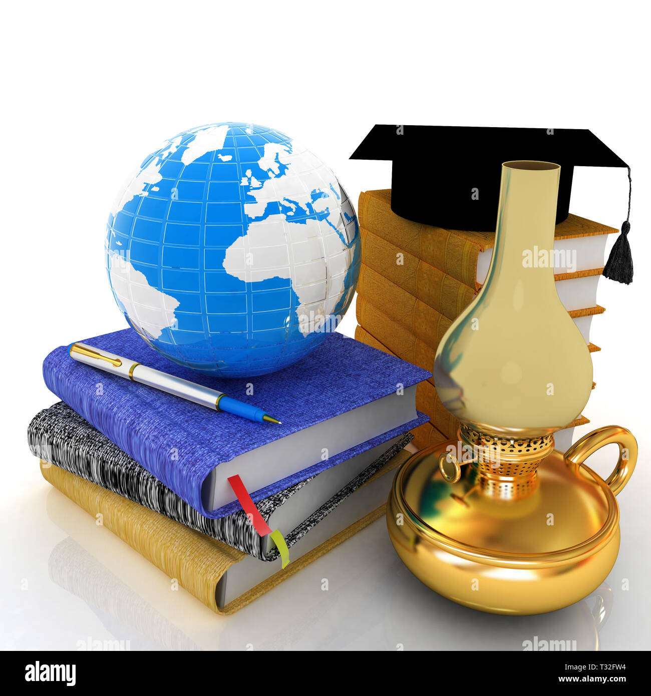 Il concetto di apprendimento con retro lampada di kerosene, laurea hat, libri con copertina in pelle e la messa a terra. 3D render Foto Stock