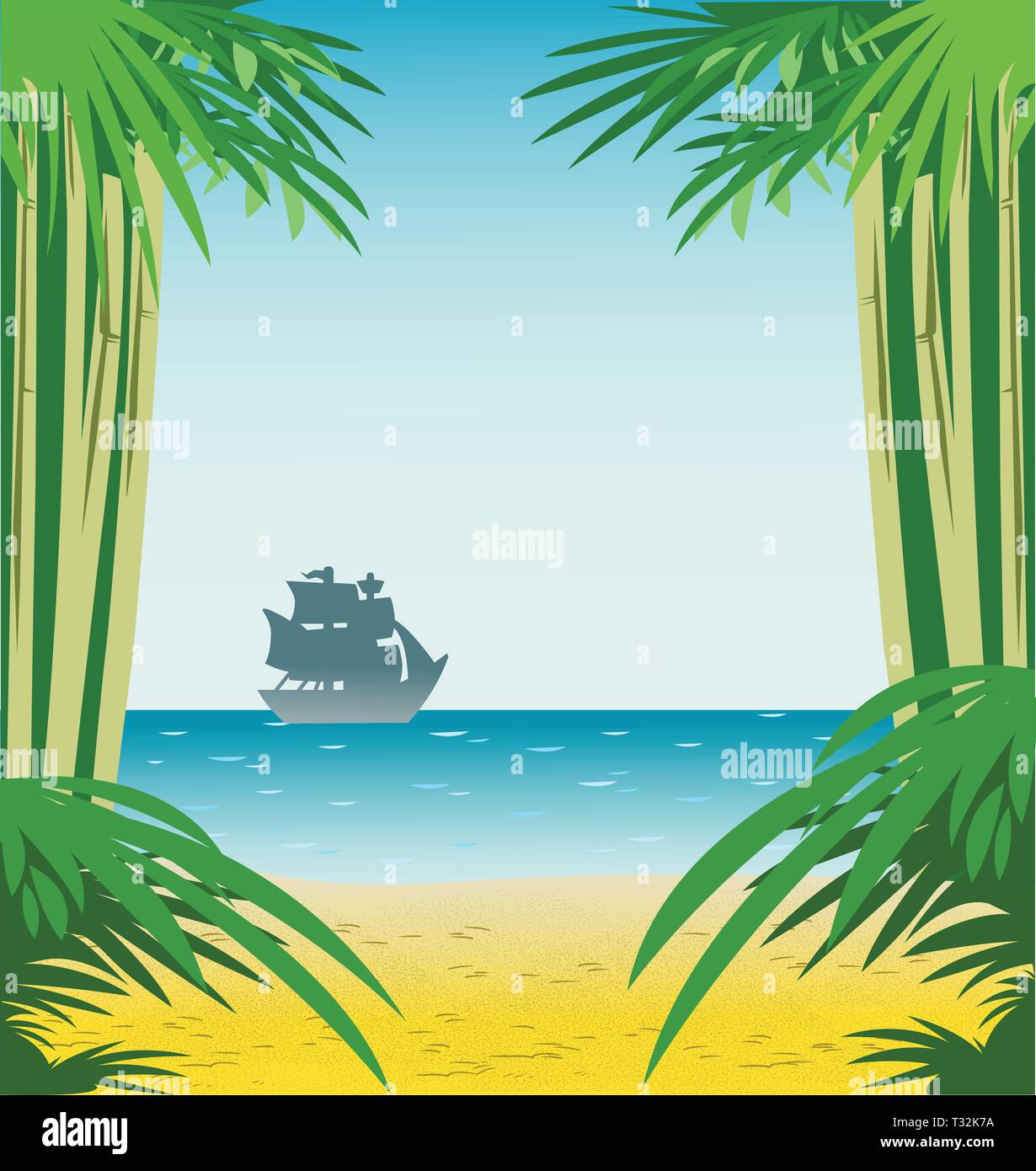 L'illustrazione del mare con spiaggia di sabbia, lontano è una barca a vela silhouette. Su livelli separati come sfondo. Illustrazione Vettoriale