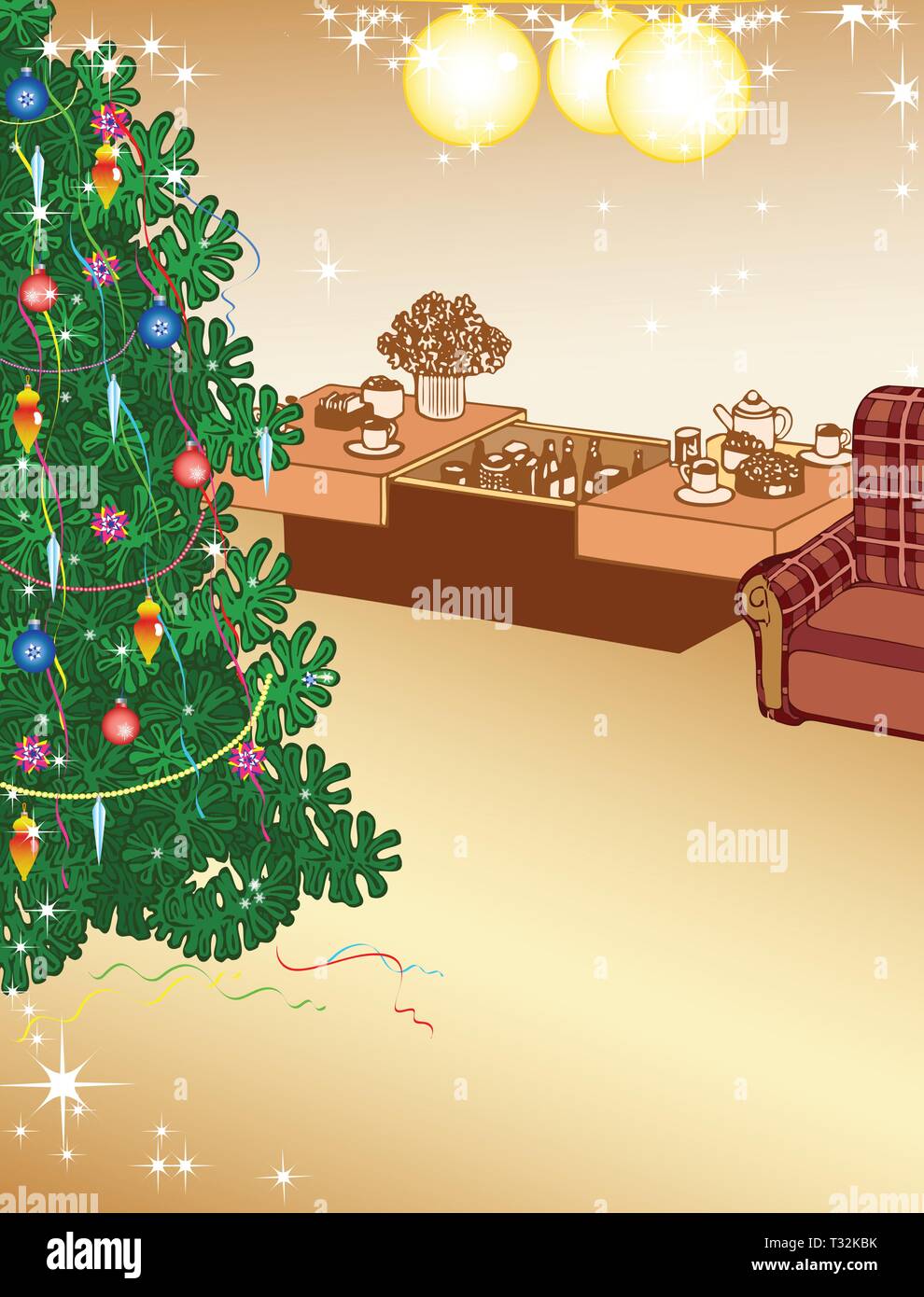 La figura mostra la parte interna di una camera in cui vi è un albero di Natale e decorazioni. Vi è un posto per il testo, eseguita sui laici separato Illustrazione Vettoriale