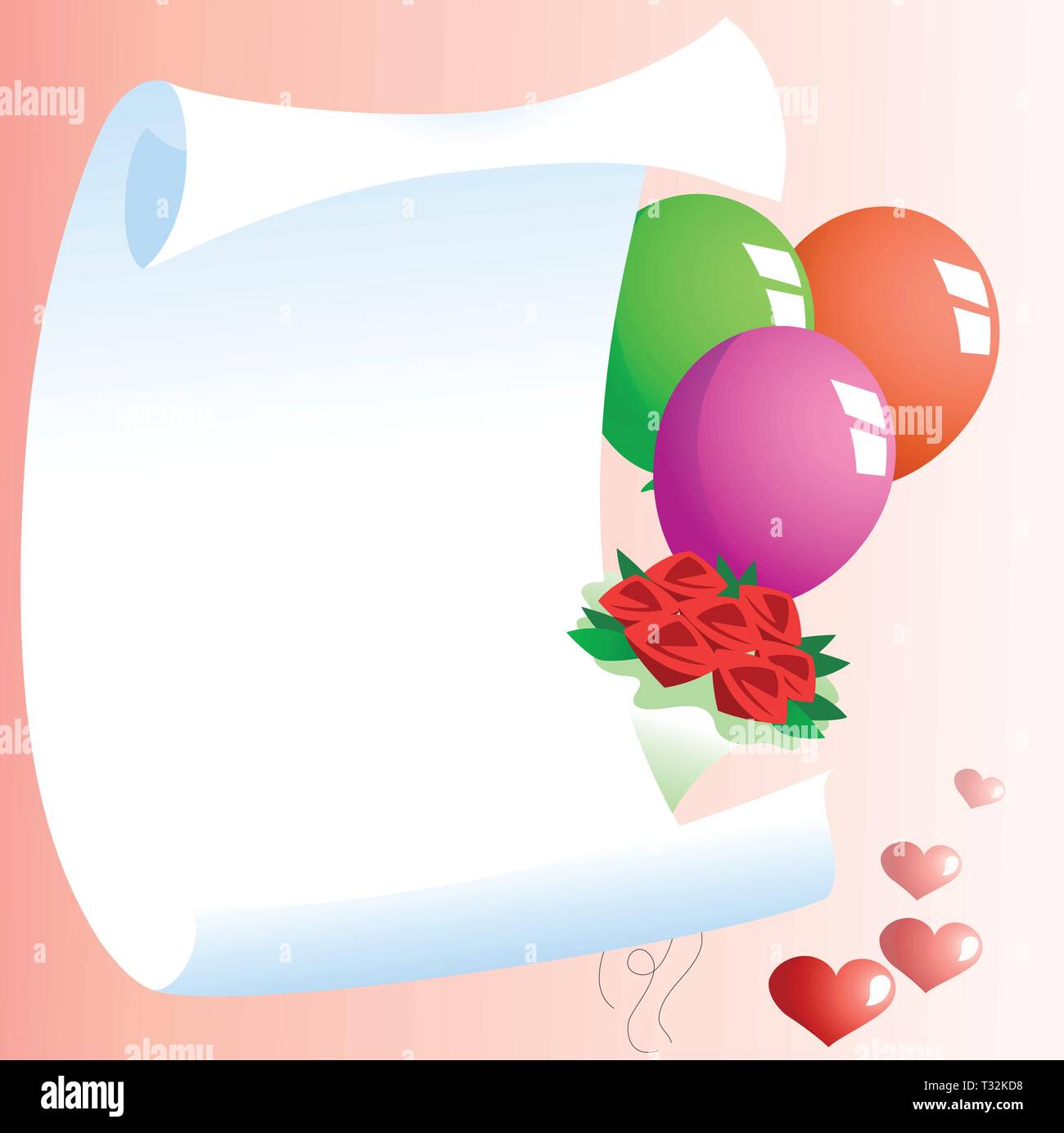 La figura mostra un modello per il biglietto di auguri con palloncini, un bouquet di fiori e un cuore simbolo. Illustrazione fatto su livelli separati, ther Illustrazione Vettoriale
