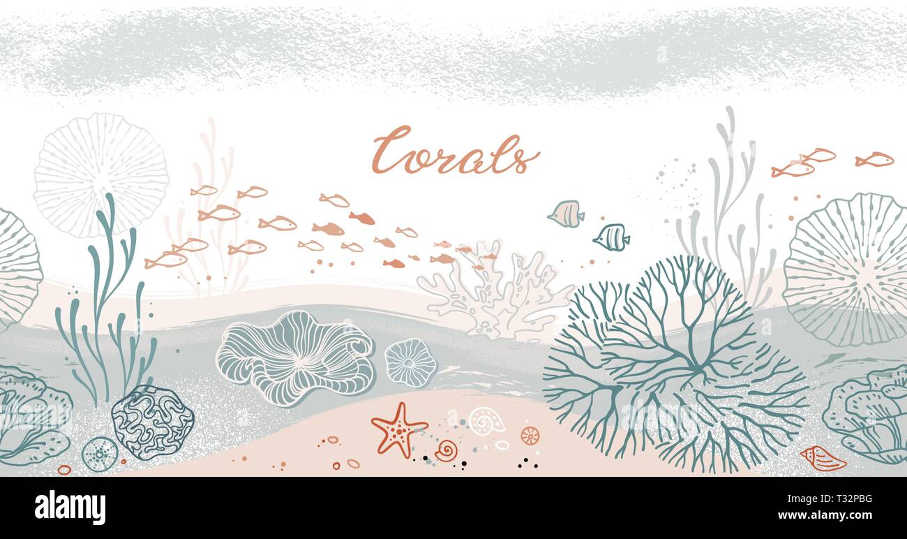 Seamless pattern orizzontale con i coralli, alghe, pesci e stelle marine. Illustrazione Vettoriale